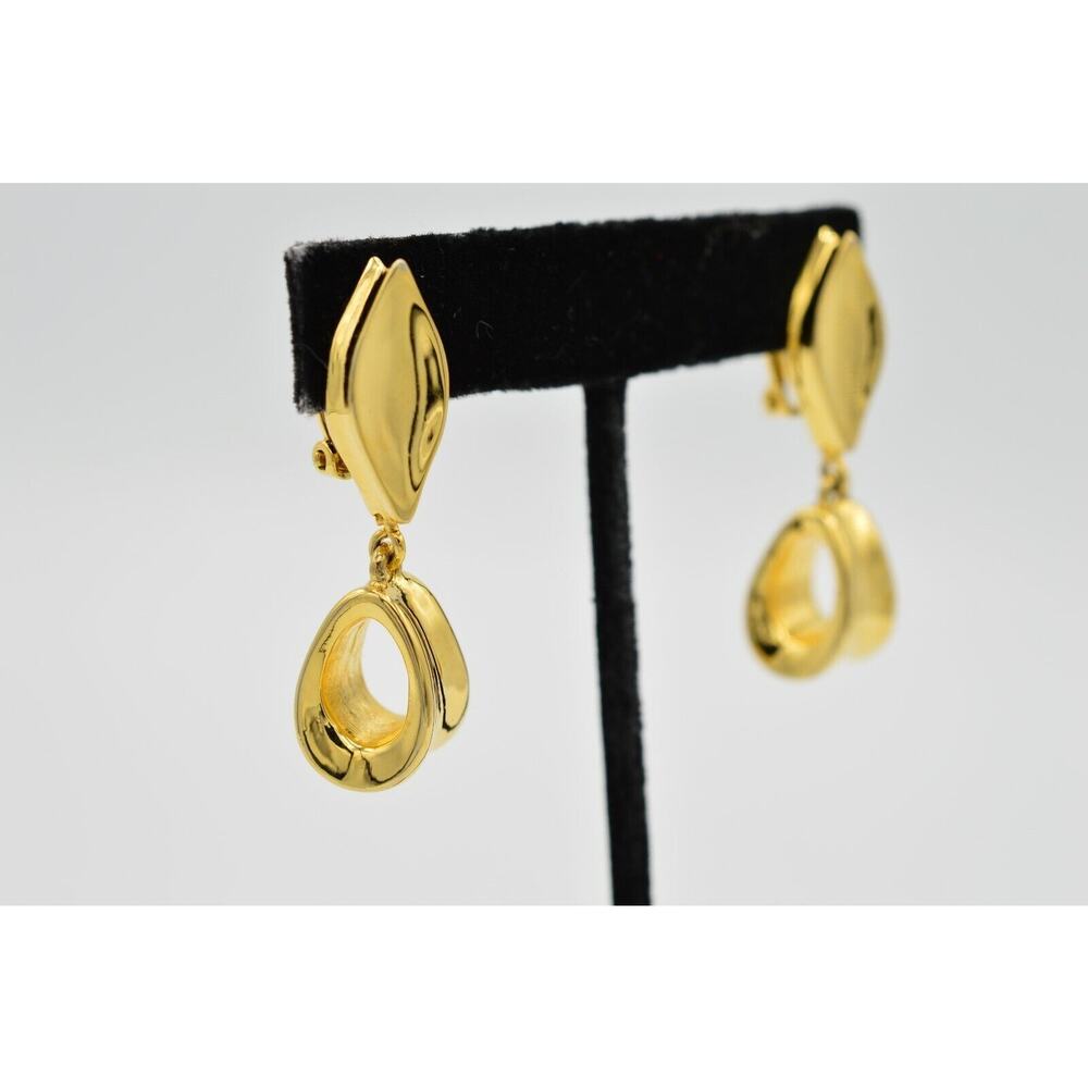 Givenchy Vintage Dangle Clip On Earrings Gold 1.5" Drop Chunky Signed 1980s 9I - Picture 5 of 11